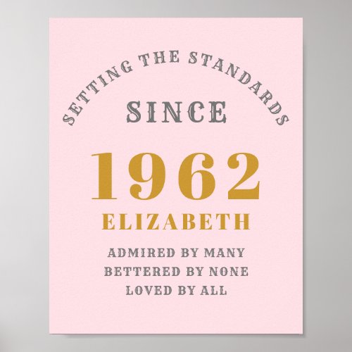 60th Birthday 1962 Elegant Pink Grey Gold Chic Poster