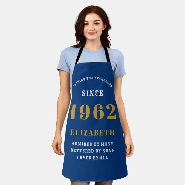 60th Birthday 1962 Elegant White Blue Gold Apron (Worn)