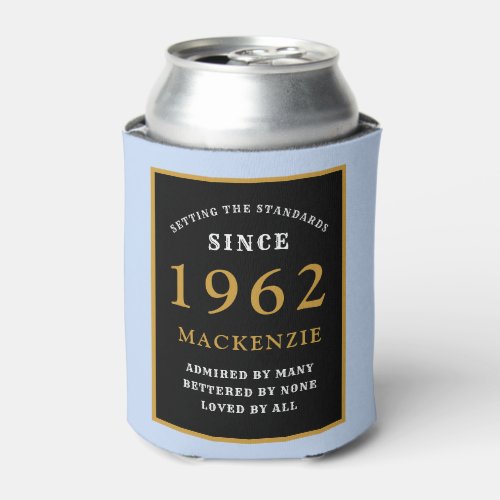 60th Birthday 1962 Name Elegant Black Gold Blue Can Cooler