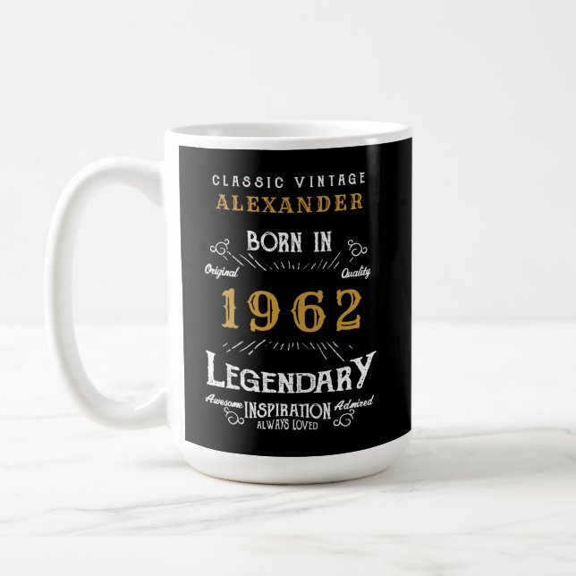 60th Birthday 1962 Name Legendary Black Gold Large Coffee Mug (Left)