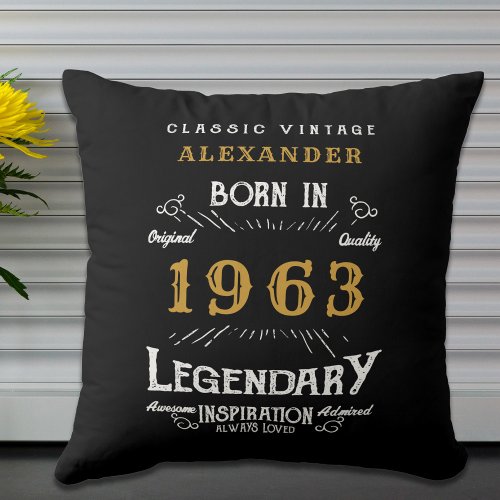 60th Birthday 1963 Add Name Black Gold Legend Throw Pillow