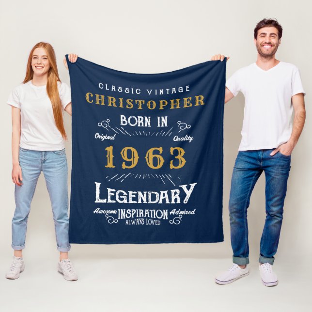 60th Birthday 1963 Add Name Legend Retro Blue Gold Fleece Blanket (In Situ)