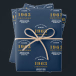 60th Birthday 1963 Blue Gold Add Name Wrapping Paper Sheets<br><div class="desc">A personalized wrapping paper design for that birthday celebration for a special person. Add the name to this vintage retro style blue and gold design for a custom birthday gift. Easily edit the name and year with the template provided. A wonderful custom birthday gift. More gifts and party supplies for...</div>
