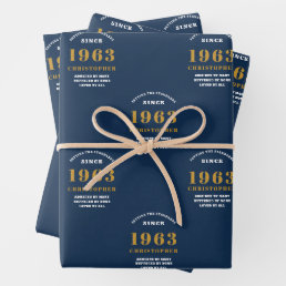 60th Birthday 1963 Blue Gold Add Name Wrapping Paper Sheets