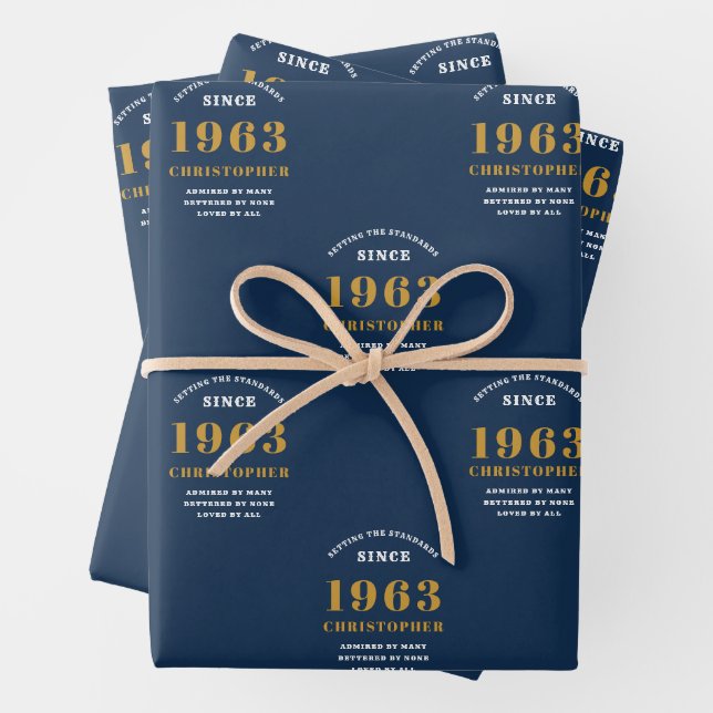 60th Birthday 1963 Blue Gold Add Name Wrapping Paper Sheets (In situ)