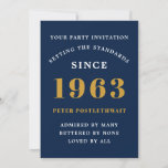 60th Birthday 1963 Blue Gold Add Name Year Invitation<br><div class="desc">For those celebrating their birthday we have the ideal birthday party invitation card. The elegant background with a gold design is simple and chic. Easily customize the text to the front and the rear of this birthday invitation card using the template provided. Part of the setting standards range of cards,...</div>