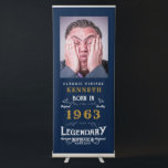 60th Birthday 1963 Legend Blue Gold Name Photo Ret Retractable Banner<br><div class="desc">For those celebrating their birthday we have the ideal birthday party banner with a vintage feel. The blue background with a white and gold vintage typography design is simple and yet elegant with a retro feel. Easily customize the text of this birthday gift using the template provided. See in store...</div>