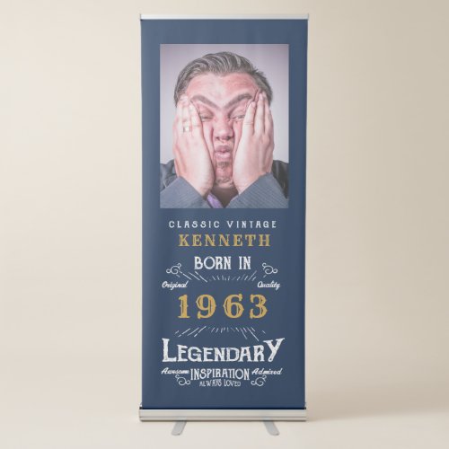 60th Birthday 1963 Legend Blue Gold Name Photo Ret Retractable Banner