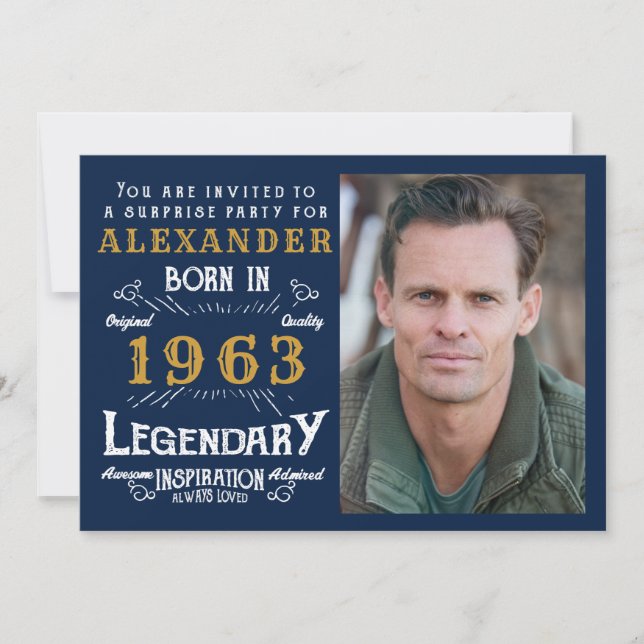 60th Birthday 1963 Legend Retro Blue Gold Invitation (Front)