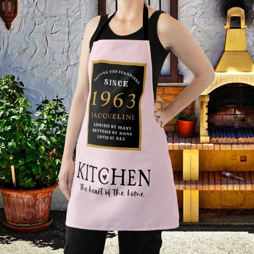 60th Birthday 1963 Name Elegant Black Gold Pink Apron