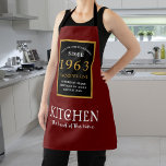 60th Birthday 1963 Name Elegant Black Gold Red Apron<br><div class="desc">Celebrate a milestone birthday with this personalized burgundy apron! Perfect for the cook or baker in your life, this apron makes for a special gift for someone turning 60. With personalized print, this apron is sure to be a hit. Not only is it stylish and classic, but it's also washable....</div>