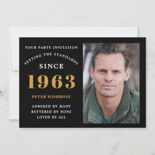 60th Birthday 1963 Name Photo Black Gold Invitation