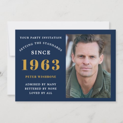 60th Birthday 1963 Name Photo Blue Gold Invitation