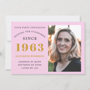 60th Birthday 1963 Name Photo Pink Grey Invitation