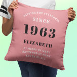 60th Birthday 1963 Pink Girly Elegant Chic Throw Pillow<br><div class="desc">Perfect for celebrating a special someone's 60th birthday, this chic and elegant pink and grey custom throw pillow is a unique and personalized gift that they'll treasure forever. Printed with the year 1963, this beautiful pillow is sure to add a touch of glamour to any room. Whether it's used as...</div>