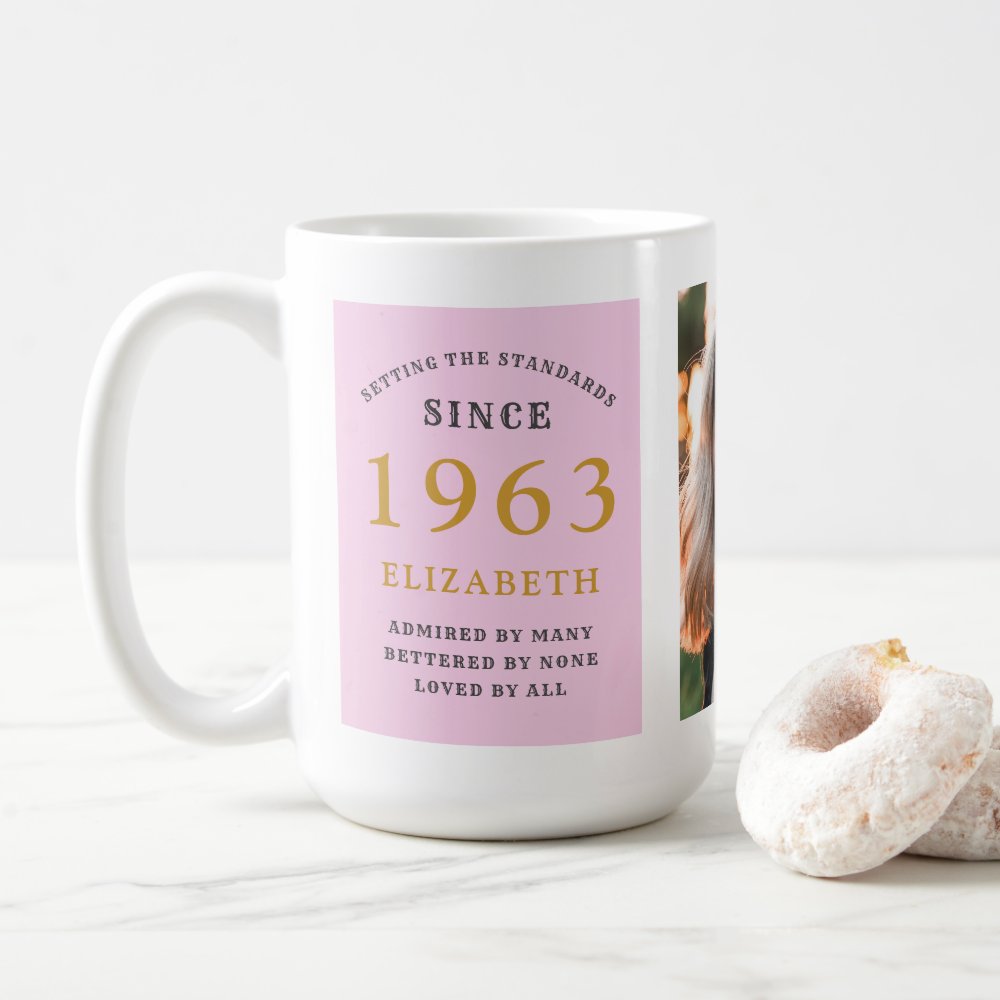 60th Birthday 1963 Pink Grey Add Name Photo Custom Coffee Mug