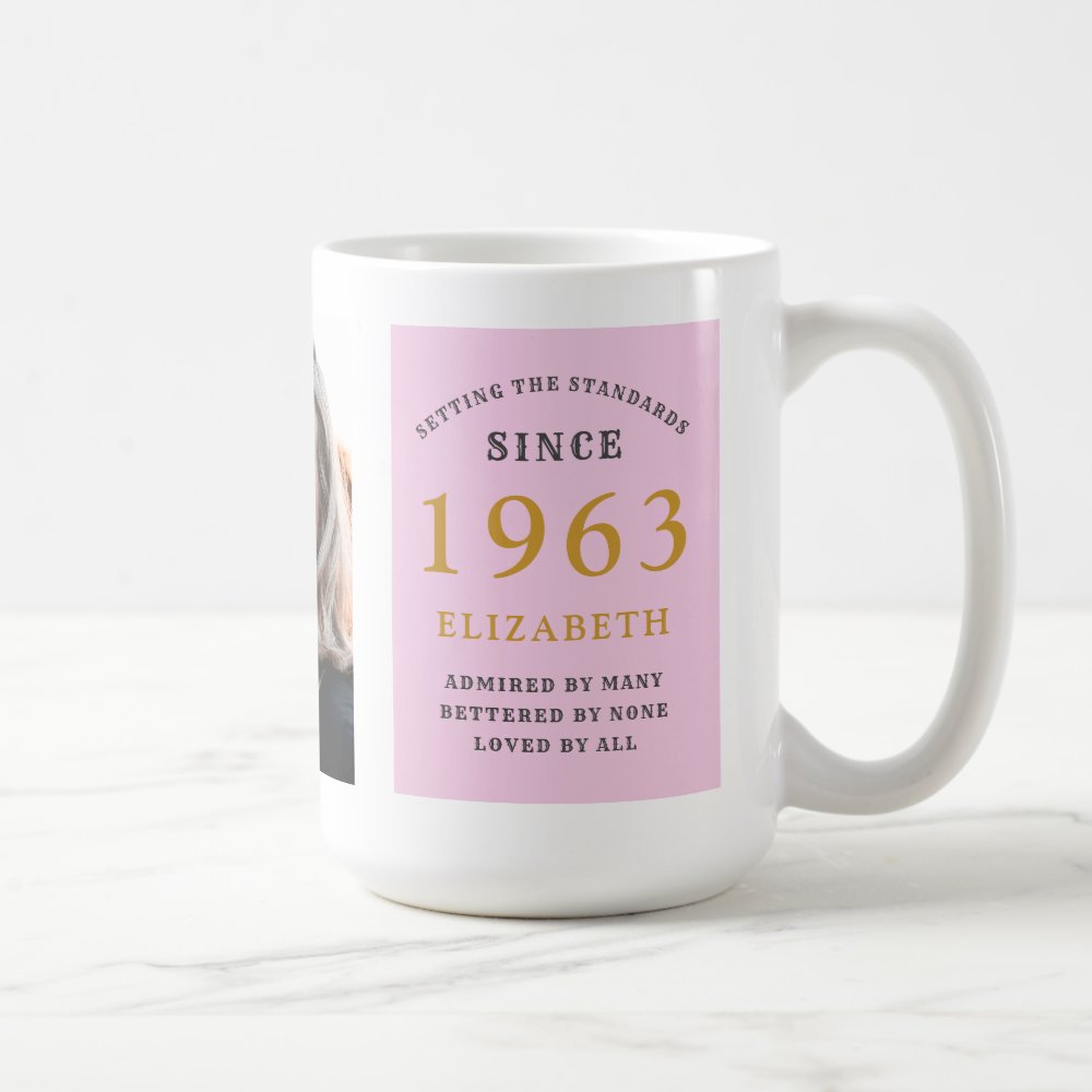 60th Birthday 1963 Pink Grey Add Name Photo Custom Coffee Mug