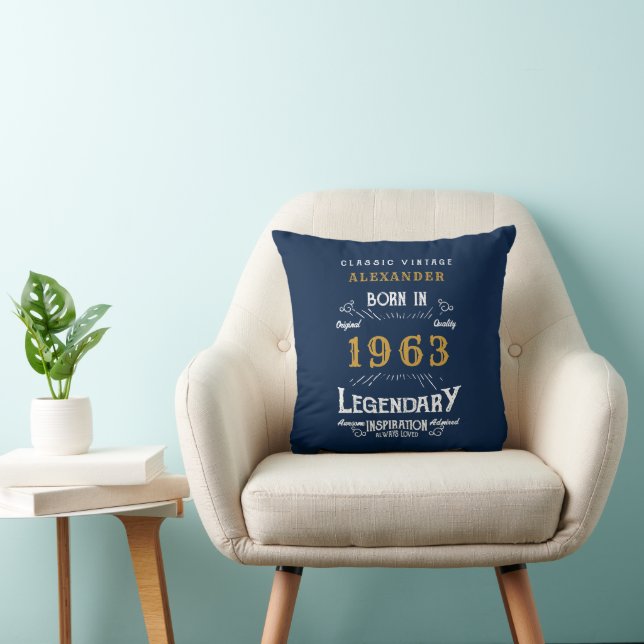60th Birthday 1963 Retro Blue Gold Legendary Throw Pillow (Chair)
