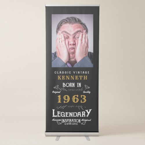 60th Birthday 1963 Vintage Black Gold Name Photo Retractable Banner