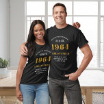 60th Birthday 1964 Add Name Black Gold Party T-Shirt<br><div class="desc">Custom 60th Birthday Guest of Honor Black and Gold T-Shirt – Born 1964 Edition. Celebrate your milestone birthday in style with our Custom 60th Birthday Guest of Honor t-shirt. Our black and gold tee is the perfect statement piece for this special occasion. With a design that proudly features '1964', wear...</div>