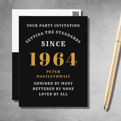 60th Birthday 1964 Black Gold Invitation Postcard