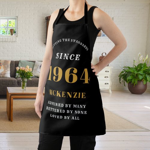 60th Birthday 1964 Name Chic Elegant Black Gold Apron