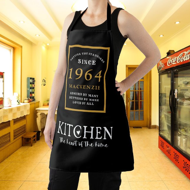 60th Birthday 1964 Name Elegant Black Gold Chic Apron (Elegant Black & Gold Chic Apron - 60th Birthday 1964 Name Personalized Kitchen & BBQ Essentials. )