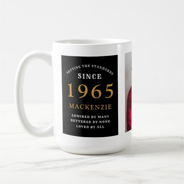 60th Birthday 1965 Black Gold Add Name Photo Large Coffee Mug (Left)