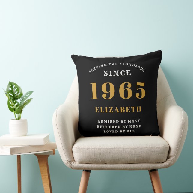 60th Birthday 1965 Black Gold lady's Personalized Throw Pillow (Chair)
