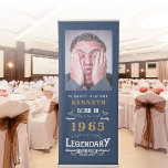 60th Birthday 1965 Legend Blue Gold Name Photo Ret Retractable Banner<br><div class="desc">For those celebrating their birthday we have the ideal birthday party banner with a vintage feel. The blue background with a white and gold vintage typography design is simple and yet elegant with a retro feel. Easily customize the text of this birthday gift using the template provided. See in store...</div>