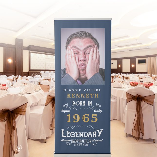 60th Birthday 1965 Legend Blue Gold Name Photo Ret Retractable Banner (50th birthday banner in a large function room.)