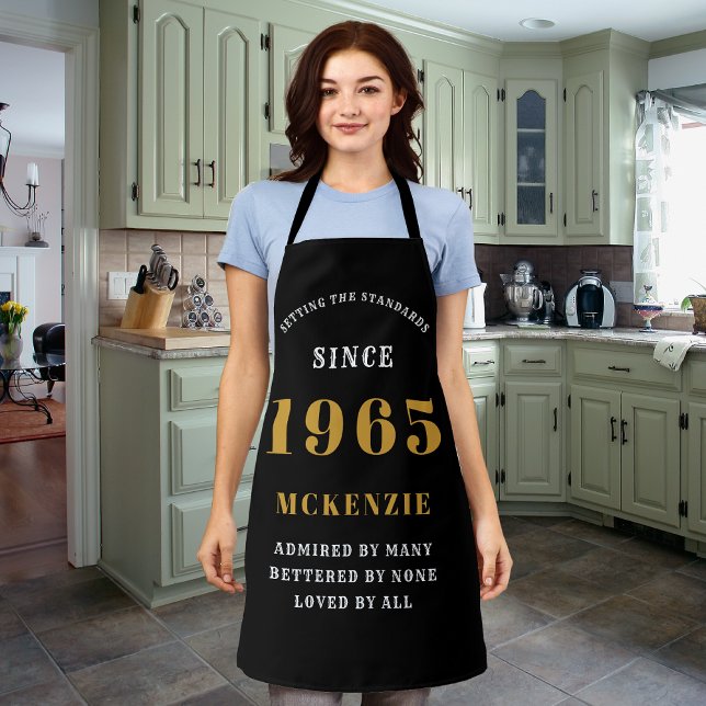 60th Birthday 1965 Name Chic Elegant Black Gold Apron (Personalized 60th birthday black and gold long apron.)