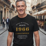 60th Birthday 1966 Add Name Black Gold Party T-Shirt<br><div class="desc">Custom 60th Birthday Guest of Honor Black and Gold T-Shirt – Born 1966 Edition. Celebrate your milestone birthday in style with our Custom 60th Birthday Guest of Honor t-shirt. Our black and gold tee is the perfect statement piece for this special occasion. With a design that proudly features '1966', wear...</div>