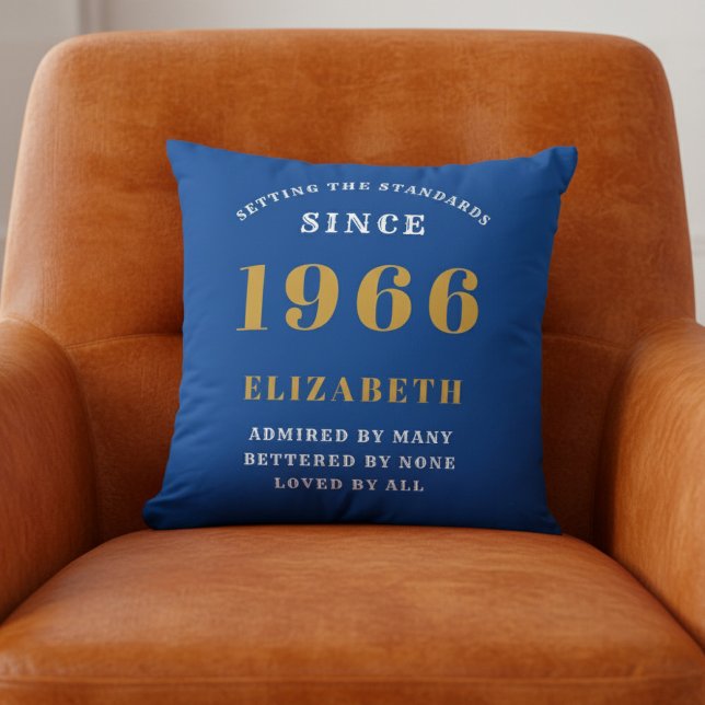 60th Birthday 1966 Add Name Blue Gold Personalized Throw Pillow (Blue 1966 throw pillow on orange chair.)
