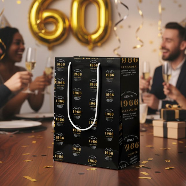 60th Birthday 1966 Black Gold Chic Elegant Medium Gift Bag (Born 1966 birthday gift bag. Background out of focus.)