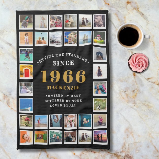 60th Birthday 1966 Family Memories Photo Collage Kitchen Towel (1966 kitchen towel. Marble background.)