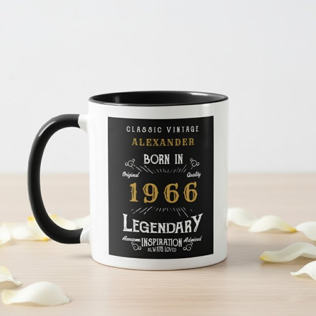 60th Birthday 1966 Legend Retro Black Personalized Mug (born 1966 birthday mug. Background is wood table, white wall and flower petals.)