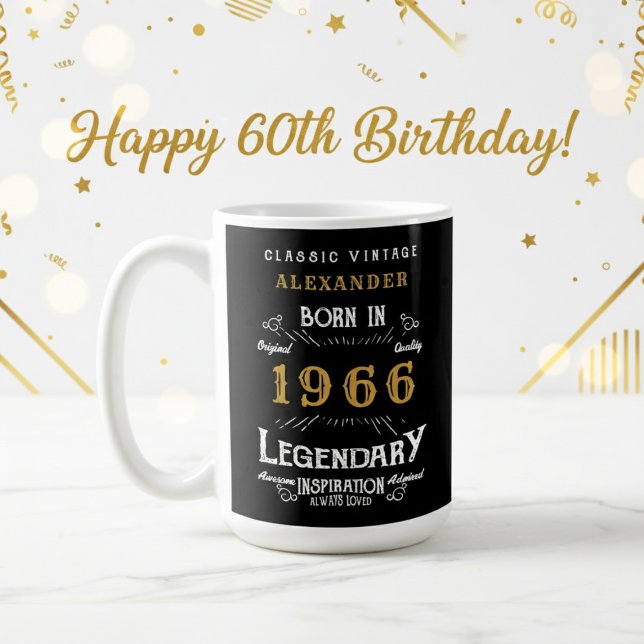 60th Birthday 1966 Legendary Retro Coffee Mug (1966 coffee mug on a white and gold background.)