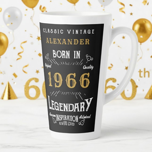 60th Birthday 1966 Legendary Retro Latte Mug (1966 latte mug on a white and gold background)