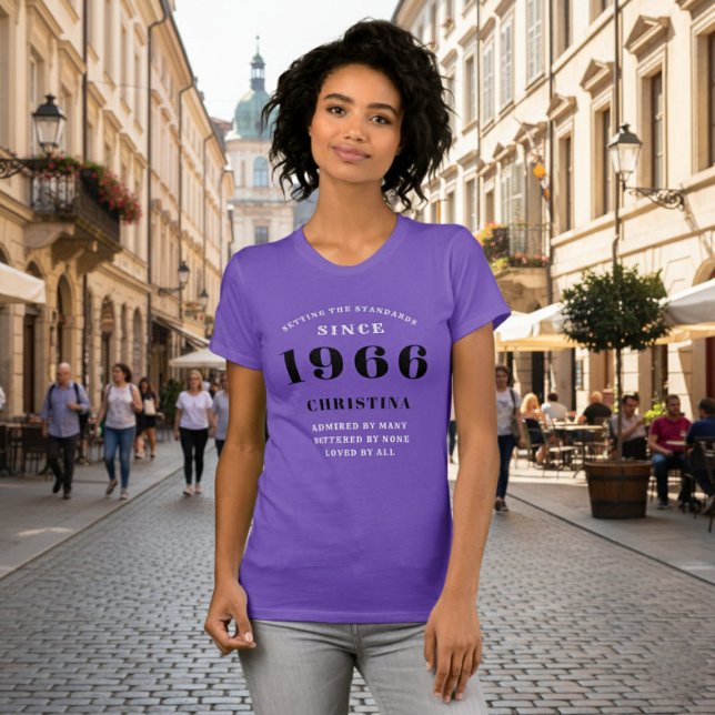 60th Birthday 1966 Purple Ladies Personalized T-Shirt (1966 purple t-shirt worn by a woman in a street.)