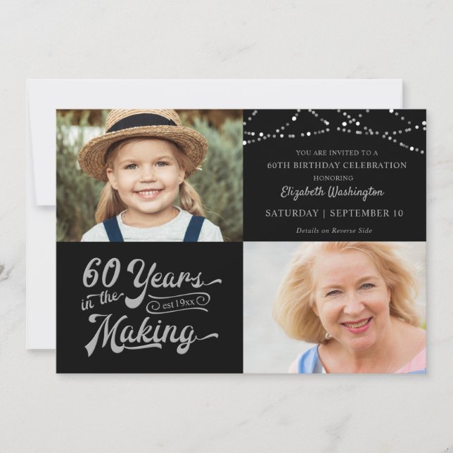 60th Birthday 2 Photos Silver String Lights Invitation (Front)