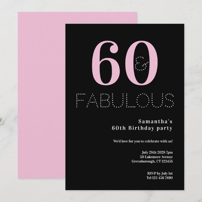 60th Birthday 60 and Fabulous Black Pink Party Invitation (Front/Back)