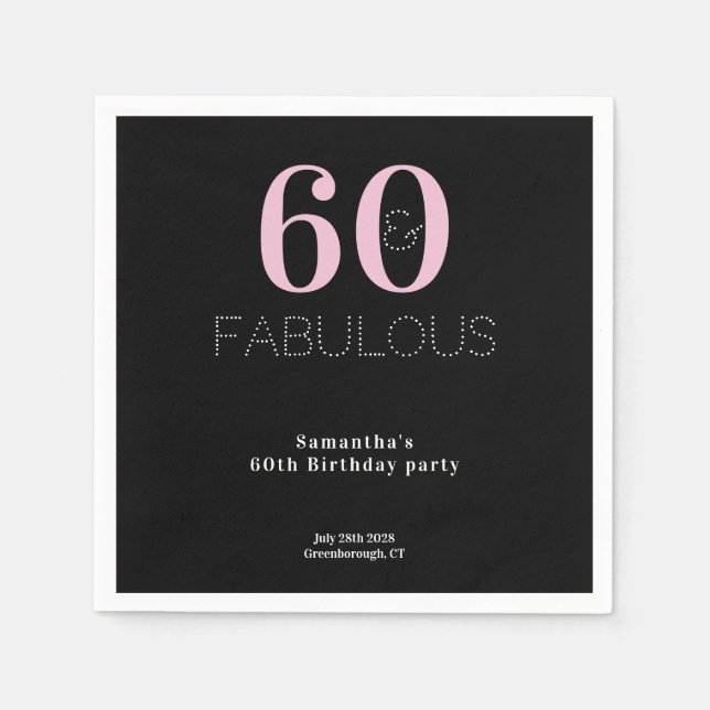 60th Birthday 60 and Fabulous Black Pink Party Napkins (Front)