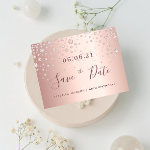 60th birthday 60 rose gold diamonds save the date postcard
