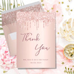 60th birthday 60 rose gold glitter drips glamorous thank you card<br><div class="desc">A thank you card for a 60th birthday. A rose gold faux metallic looking background color. With faux glitter drips, paint drip look. On front large dark rose gold colored hand lettered script and the text: Thank You, your text, title and a date. Back: Template for Your thank you note...</div>