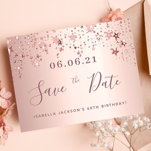 60th birthday 60 rose gold stars save the date postcard