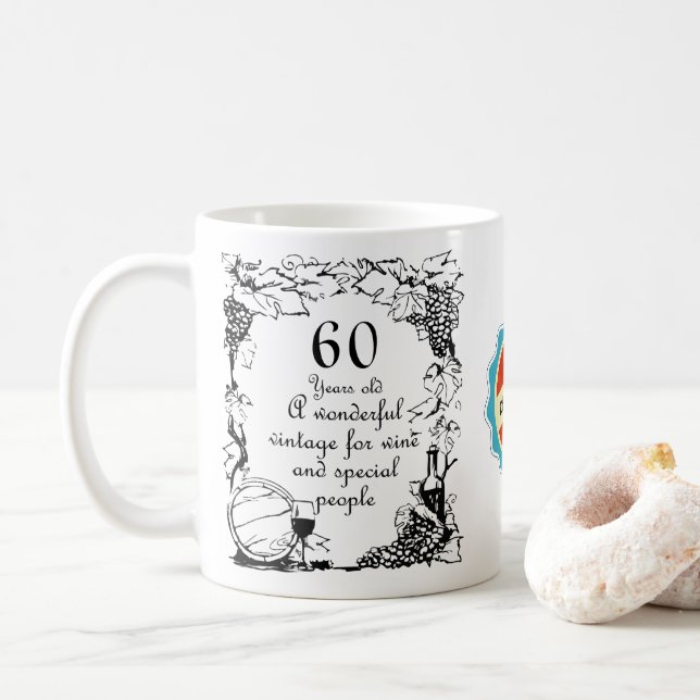 60th Birthday 60 Year Old Vintage Wine Personalize Coffee Mug (With Donut)