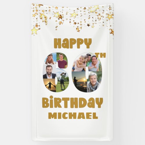 60th Birthday 8 Photo Collage Numbers Gold Banner - Create a unique photo collage HAPPY 60TH BIRTHDAY NAME banner with your photos to create the number 60. Eight photos are required to fill the number 50 and the template makes it easy to try different photos that look best.  PHOTO TIP:  For fastest/best results, choose a photo with the subject in the middle 
and/or pre-crop them to a similar shape as shown BEFORE uploading. Contact the designer via Zazzle Chat or makeitaboutyoustore@gmail.com if you'd like this design modified or on another product.