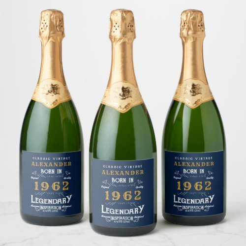 60th Birthday Add Name 1962 Vintage Blue Gold Sparkling Wine Label