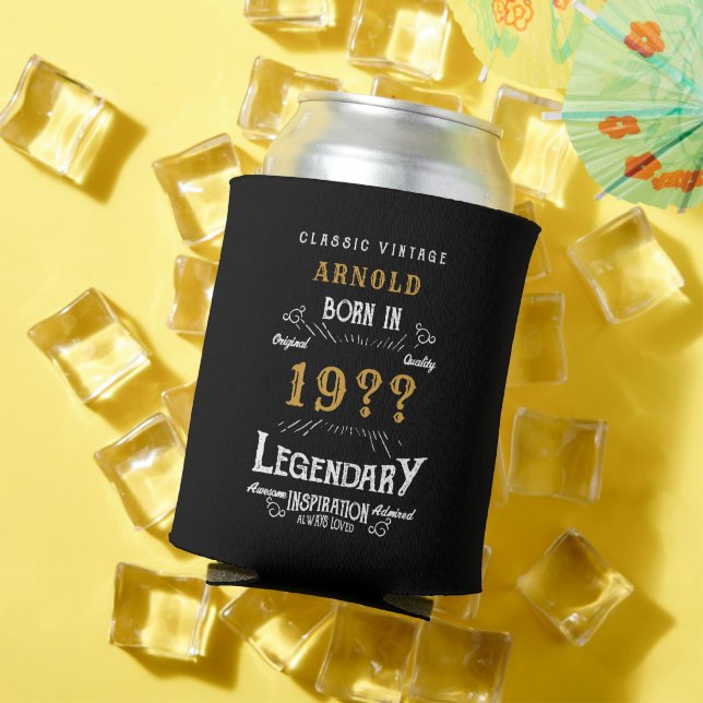 60th Birthday Add Name Year Legendary Black Gold Can Cooler (In Situ Summer)